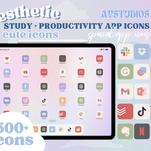 Może przedstawiać: Zrzut ekranu z ekranu iPada, na którym wyświetlona jest siatka kolorowych ikon aplikacji. Ikony są ułożone w siatkę i obejmują popularne aplikacje, takie jak YouTube, Instagram, TikTok i Spotify. Ekran jest oznaczony jako "aesthetic STUDY + PRODUCTIVITY APP ICONS cute icons".