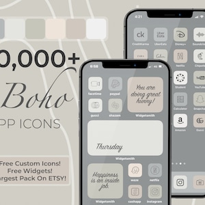 May include: A digital mockup of an iPhone screen with a gray background and a collection of 30,000+ custom app icons in a boho style. The icons are arranged in a grid pattern and feature a variety of colors and designs. The text "Boho App Icons" is displayed at the top of the screen. The text "Free Custom Icons! Free Widgets! Largest Pack On ETSY!" is displayed at the bottom of the screen.