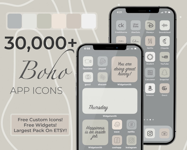 30,000+ iPhone IOS 14 Minimalistic App Icons Pack | Charcoal Grey Icons Aesthetic | Neutral Boho iPhone | Personalised HomeScreen Widget 