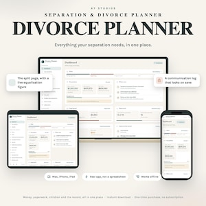 May include: A digital separation and divorce planner displayed on a computer monitor, tablet, and smartphone. The interface features a dashboard with financial net position, legal speed, and paperwork tracking. Text includes AY STUDIOS SEPARATION & DIVORCE PLANNER, Everything your separation needs, in one place, and labels for a split page and communication log.