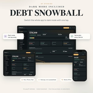 May include: A digital debt snowball dashboard displayed on a computer, tablet, and smartphone. The interface features a dark mode theme with financial data, including a total debt of $34,430, interest rates, and payoff progress bars.