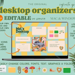 May include: A laptop screen displaying a customizable desktop organizer template with a retro 70s aesthetic. The template features a calendar, to-do list, important notes, and app sections. The template is editable on Canva and includes free icons and folders. The text "Mel's Desktop I am grateful" is displayed on the template.