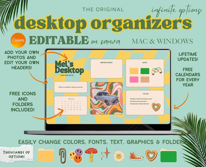 May include: A laptop screen displaying a customizable desktop organizer template with a retro 70s aesthetic. The template features a calendar, to-do list, important notes, and app sections. The template is editable on Canva and includes free icons and folders. The text "Mel's Desktop I am grateful" is displayed on the template.