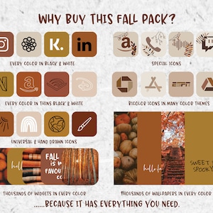 May include: A digital product pack with fall-themed icons, widgets, and wallpapers. The pack includes icons in black and white, thin black and white, and bicolour themes. It also includes universal and hand-drawn icons. The text "WHY BUY THIS FALL PACK?" is at the top of the image. The text "...BECAUSE IT HAS EVERYTHING YOU NEED." is at the bottom of the image.