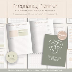 May include: A collection of pregnancy planners and related documents. The main title reads "Pregnancy Planner" with the subtitle "Your Personal Space for Healing and Growth." The planner includes a healthy recipe planner, period tracker, and a checklist. The design is in neutral tones.