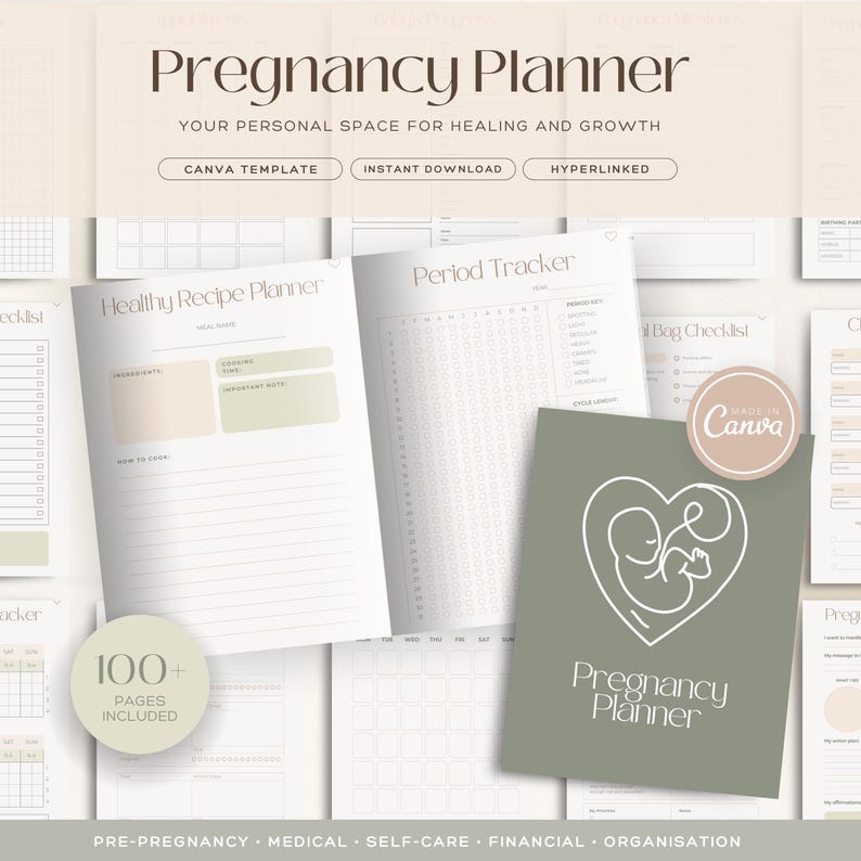 May include: A collection of pregnancy planners and related documents. The main title reads "Pregnancy Planner" with the subtitle "Your Personal Space for Healing and Growth." The planner includes a healthy recipe planner, period tracker, and a checklist. The design is in neutral tones.
