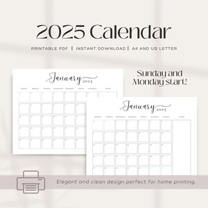 Minimal Printable 2025 Monthly Calendar | Minimalist Design | Sunday & Monday Start