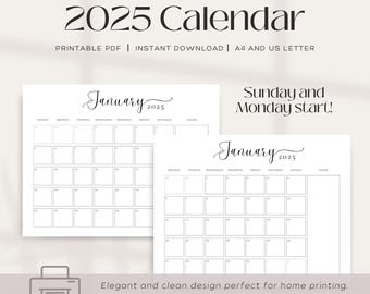 Minimaler druckbarer Monatskalender 2025 | Minimalistisches Design | Sonntag & Montag Start