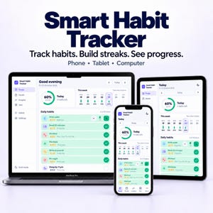 May include: A digital Smart Habit Tracker interface displayed on a laptop, tablet, and smartphone. The screens show daily habit progress, including drink water, read, workout, and meditate, with text reading Smart Habit Tracker.