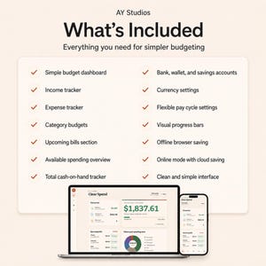 Pode incluir: Uma ferramenta de or&ccedil;amento digital da AY Studios intitulada What's Included, listando recursos como painel de controle, rastreadores de renda e despesas, or&ccedil;amentos por categoria e barras de progresso em um laptop e smartphone.