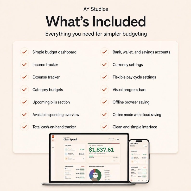 Pode incluir: Uma ferramenta de or&ccedil;amento digital da AY Studios intitulada What's Included, listando recursos como painel de controle, rastreadores de renda e despesas, or&ccedil;amentos por categoria e barras de progresso em um laptop e smartphone.