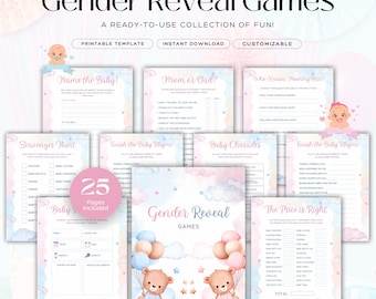 Paquete de juegos imprimibles para revelar el género del bebé / 20 juegos para fiestas de revelación de género + plantilla editable de Canva / Actividades para baby shower de descarga instantánea