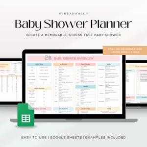 May include: A laptop displays a baby shower planner spreadsheet with sections for event planning, activities, party favors, food, and prizes. The text reads "Baby Shower Planner" and "Create a memorable, stress-free baby shower."