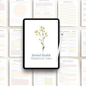 May include: A digital tablet displaying a floral design and the text "Mental Health Planners & Notes." Surrounding the tablet are various worksheets with prompts for self-reflection and mental wellness. The worksheets have a soft, neutral color palette.