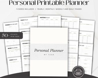 Puede incluir: Un planificador personal imprimible con más de 50 páginas por tamaño. El planificador incluye páginas anuales, mensuales, semanales y diarias. La portada es blanca con una textura de brillo plateado y el texto "Personal Planner My Year".