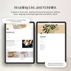 Puede incluir: Una pantalla digital que muestra una aplicaci&oacute;n de lista de lectura y lista de deseos. La aplicaci&oacute;n tiene un fondo marr&oacute;n claro con un dise&ntilde;o de hojas. La secci&oacute;n de la lista de lectura muestra una lista de libros para leer, mientras que la secci&oacute;n de la lista de deseos muestra una lista de art&iacute;culos para comprar.