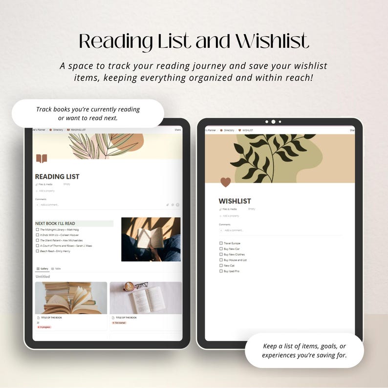 Puede incluir: Una pantalla digital que muestra una aplicaci&oacute;n de lista de lectura y lista de deseos. La aplicaci&oacute;n tiene un fondo marr&oacute;n claro con un dise&ntilde;o de hojas. La secci&oacute;n de la lista de lectura muestra una lista de libros para leer, mientras que la secci&oacute;n de la lista de deseos muestra una lista de art&iacute;culos para comprar.