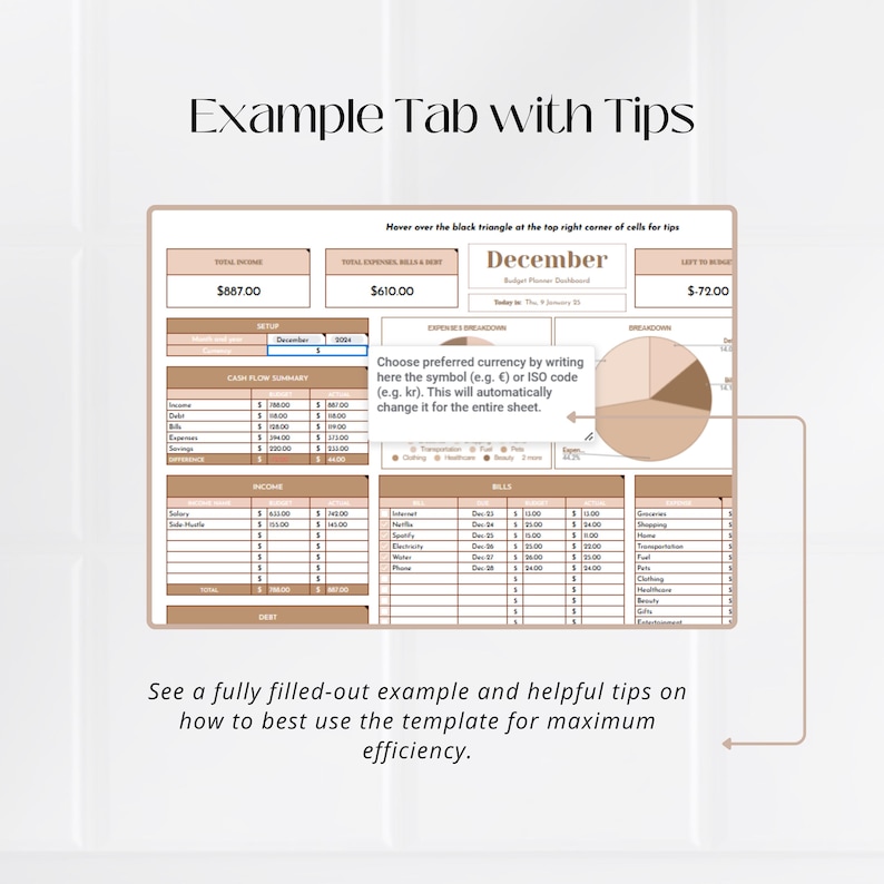 May include: A computer screen displaying a budget template for the month of December. The template includes sections for income, expenses, and bills. The template also includes a pie chart showing the breakdown of expenses. The text "Choose preferred currency by writing here the symbol (e.g. &euro;) or ISO code (e.g. kr). This will automatically change it for the entire sheet." is displayed on the screen.