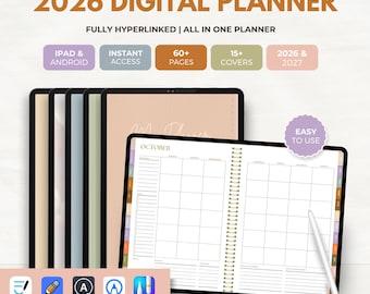 May include: Digital planner for 2026 with the text "2026 DIGITAL PLANNER". The planner is fully hyperlinked and compatible with iPad and Android. It includes 60+ pages and 15+ covers. The planner is easy to use and compatible with GoodNotes, Noteshelf, Notability, Apple Notes & more.