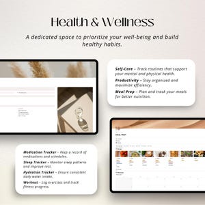 Puede incluir: Una pantalla digital que muestra una aplicaci&oacute;n de salud y bienestar con secciones para el autocuidado, la productividad, la preparaci&oacute;n de comidas, el seguimiento de medicamentos, el seguimiento del sue&ntilde;o, el seguimiento de la hidrataci&oacute;n y el entrenamiento. La aplicaci&oacute;n tiene un fondo marr&oacute;n claro con un dise&ntilde;o marr&oacute;n claro y blanco.