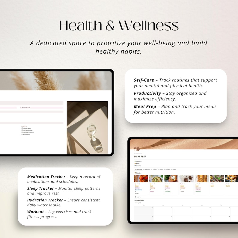 Puede incluir: Una pantalla digital que muestra una aplicaci&oacute;n de salud y bienestar con secciones para el autocuidado, la productividad, la preparaci&oacute;n de comidas, el seguimiento de medicamentos, el seguimiento del sue&ntilde;o, el seguimiento de la hidrataci&oacute;n y el entrenamiento. La aplicaci&oacute;n tiene un fondo marr&oacute;n claro con un dise&ntilde;o marr&oacute;n claro y blanco.