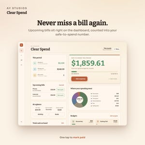 Pode incluir: Uma interface de painel digital para o aplicativo Clear Spend da AY Studios. A tela exibe dados financeiros, incluindo um saldo dispon&iacute;vel de $1.859,61, contas a pagar, um gr&aacute;fico de pizza de gastos e ferramentas de controle de or&ccedil;amento.