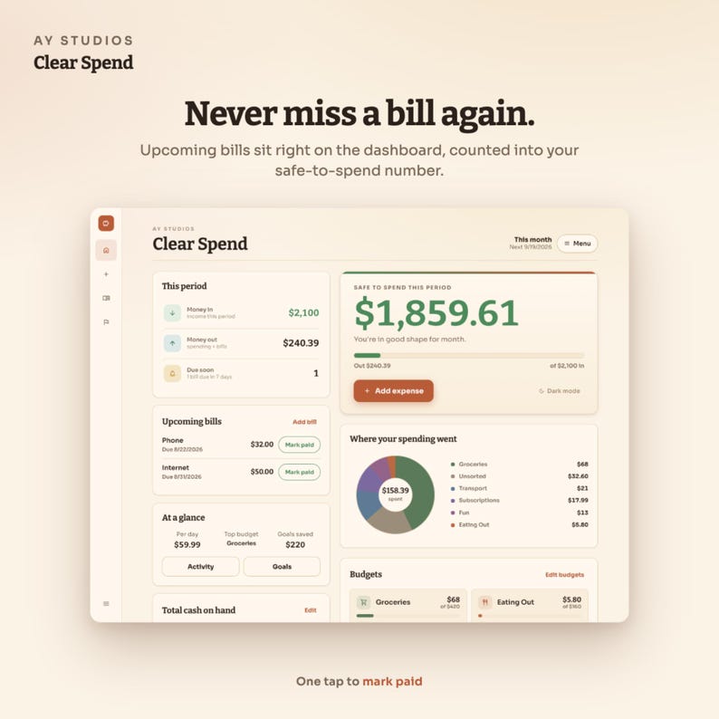 Pode incluir: Uma interface de painel digital para o aplicativo Clear Spend da AY Studios. A tela exibe dados financeiros, incluindo um saldo dispon&iacute;vel de $1.859,61, contas a pagar, um gr&aacute;fico de pizza de gastos e ferramentas de controle de or&ccedil;amento.