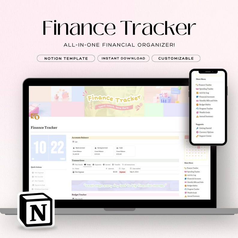 Puede incluir: Un ordenador port&aacute;til y un smartphone muestran una interfaz de organizador financiero. La pantalla del port&aacute;til muestra un panel detallado con saldos de cuentas y detalles de transacciones. El smartphone muestra un men&uacute;. El texto "Finance Tracker" es visible.