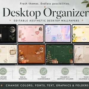 Puede incluir: Una colección de ocho fondos de pantalla digitales para escritorio mostrados en pantallas de portátiles, con varios temas como diseños florales, estacionales y abstractos. El texto dice Desktop Organizers, Editable Aesthetic Desktop Wallpapers, e incluye iconos para actualizaciones de por vida, compatibilidad con Mac y Windows, personalización, carpetas y actualizaciones de calendario.
