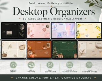 Editable Desktop Organizer Mega Bundle 2026, 12 Aesthetic Themes Yearly Calendar Canva Wallpapers and Folder Icons, Mac and Windows