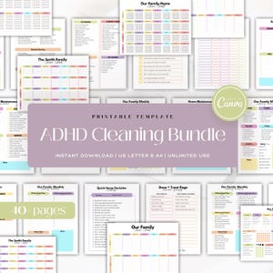May include: A collection of printable templates for home organization, including weekly and monthly cleaning schedules. The design features a soft color palette and the text "ADHD Cleaning Bundle" and "40+ pages".