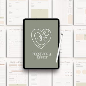 May include: A digital pregnancy planner displayed on a tablet, surrounded by printed pages. The tablet features a heart-shaped logo with a fetus outline and the words "Pregnancy Planner." A white stylus rests on the tablet.