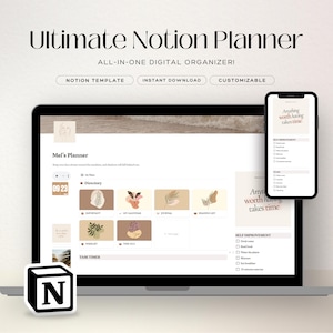 Puede incluir: Una pantalla de computadora port&aacute;til que muestra una plantilla de planificador de Notion con un directorio de secciones, que incluyen "Mi calendario", "Diario" y "Lista de lectura". La pantalla tambi&eacute;n muestra un temporizador de tareas y una cita que dice "Cualquier cosa que valga la pena tener lleva tiempo". La computadora port&aacute;til est&aacute; sobre una mesa con una pegatina del logotipo de Notion en el lado izquierdo.