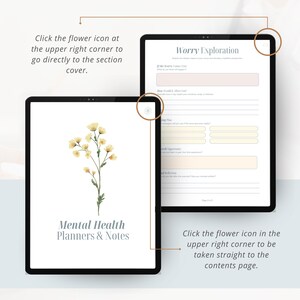 May include: Two digital tablets displaying mental health planner pages. One tablet shows a floral design with the text "Mental Health Planners & Notes." The other tablet displays a "Worry Exploration" worksheet. Instructions are included.