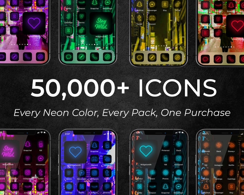 May include: Eight iPhone screens displaying different neon colour icon packs. Each screen shows a different colour scheme, including pink, green, yellow, red, blue, purple, and orange. The text "50,000+ ICONS" is displayed in white on a black background. The text "Every Neon Colour, Every Pack, One Purchase" is displayed in white on a black background.