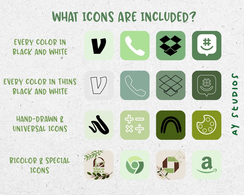 May include: A graphic showing different types of icons available for purchase. The icons are in various colors and styles, including black and white, thin black and white, hand-drawn, and bicolour. The icons include a phone, a box, a hashtag, a rainbow, a paint palette, a taco bell logo, a google chrome logo, a camera icon, and an amazon logo.