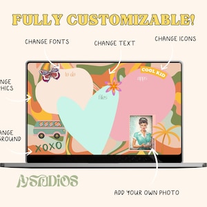 May include: A customizable laptop desktop background with a retro 70s theme. The background features swirls of orange, pink, green, and blue. There is a heart-shaped note area, a bus graphic, and a butterfly graphic. The text "COOL KID" is in a yellow box. The text "lo de" is in a white box. The text "files" is in a white box. The text "XOXO" is in a white box. The text "ASADIOS" is in green. The text "ADD YOUR OWN PHOTO" is in black.