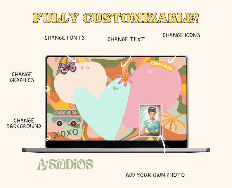 May include: A customizable laptop desktop background with a retro 70s theme. The background features swirls of orange, pink, green, and blue. There is a heart-shaped note area, a bus graphic, and a butterfly graphic. The text "COOL KID" is in a yellow box. The text "lo de" is in a white box. The text "files" is in a white box. The text "XOXO" is in a white box. The text "ASADIOS" is in green. The text "ADD YOUR OWN PHOTO" is in black.