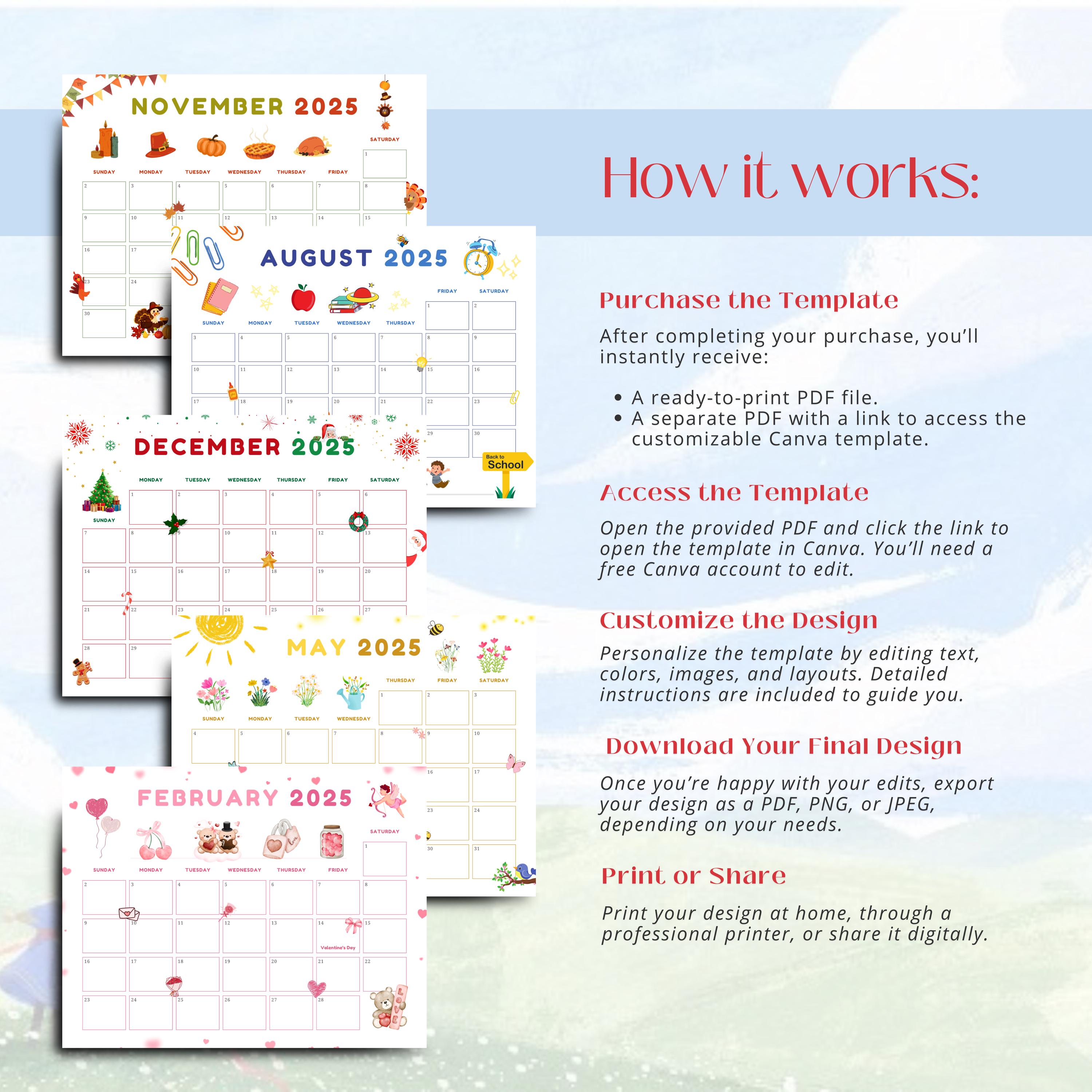 2026 Cute Calendar Printable, Kids Calendar 2026 Templates, Wall ...