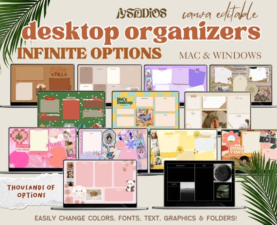 Editable Mega Bundle Desktop Organizers | Wallpapers & Folder Icons | Canva Template Mac + Windows | School Work Business Productivity Pack