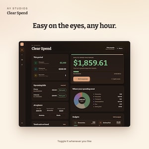 Pode incluir: Uma interface de painel digital intitulada Clear Spend da AY Studios, com um tema escuro e detalhes em texto verde. A tela exibe dados financeiros, incluindo um valor dispon&iacute;vel, contas a pagar, um gr&aacute;fico de pizza e categorias de or&ccedil;amento.