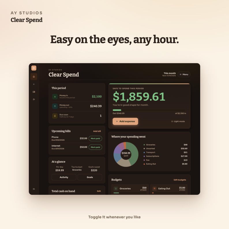 Pode incluir: Uma interface de painel digital intitulada Clear Spend da AY Studios, com um tema escuro e detalhes em texto verde. A tela exibe dados financeiros, incluindo um valor dispon&iacute;vel, contas a pagar, um gr&aacute;fico de pizza e categorias de or&ccedil;amento.