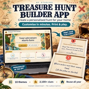 Könnte beinhalten: Eine Schatzsuche-App-Oberfläche auf einem Laptop-Bildschirm mit gedruckten Hinweiskarten. Der Bildschirm zeigt 'Your adventure starts here' und 'Make a hunt'. Die gedruckten Karten zeigen 'Pirate treasure hunt' und 'Clue 1'.
