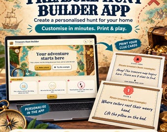 Treasure Hunt Generator for Kids | Printable Clue Cards | Christmas Birthday Pirate | Custom Home Hiding Places | Instant Download App