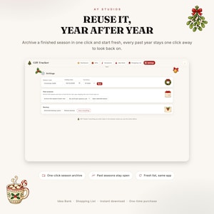 May include: A digital gift tracker interface by AY Studios featuring a settings menu with options for season, year, holiday date, currency, and backup. The screen displays text including REUSE IT, YEAR AFTER YEAR, Gift Tracker, and One-click season archive.