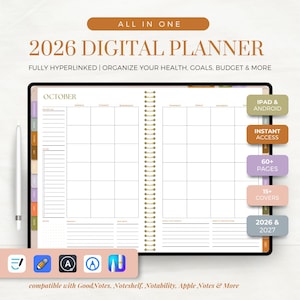 May include: A digital planner for 2026, featuring a calendar layout for October. The planner is fully hyperlinked and designed to organize health, goals, and budget. Includes iPad and Android compatibility, instant access, over 60 pages, and 15+ covers. Compatible with GoodNotes, Noteshelf, Notability, Apple Notes & More.