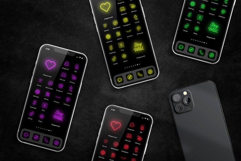 May include: Four different iPhone screens with customised app icons. The icons are outlined in neon colours, including pink, yellow, and green. The text "Stay Wild" appears on each screen.