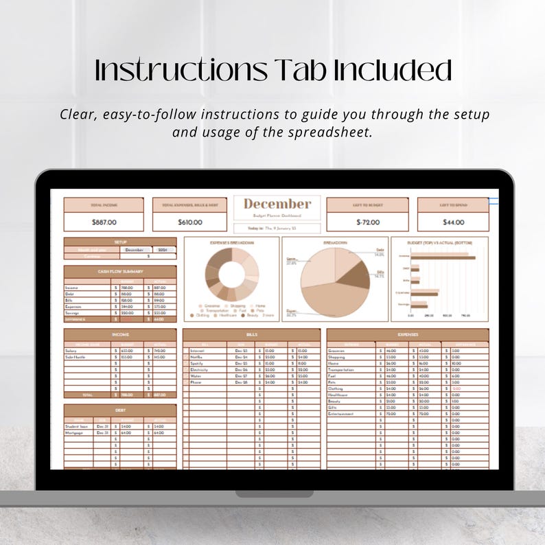 May include: A computer screen displaying a spreadsheet with a budget planner for December. The spreadsheet includes sections for income, expenses, and a cash flow summary. The spreadsheet also includes charts and graphs to visualize the data.