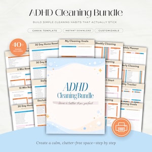 Könnte beinhalten: ADHS-Reinigungs-Bundle mit über 40 Seiten, einschließlich Vorlagen für Home-Resets, Reinigungsziele und tägliche/wöchentliche/monatliche Planung. Sofortiger Download und anpassbar.