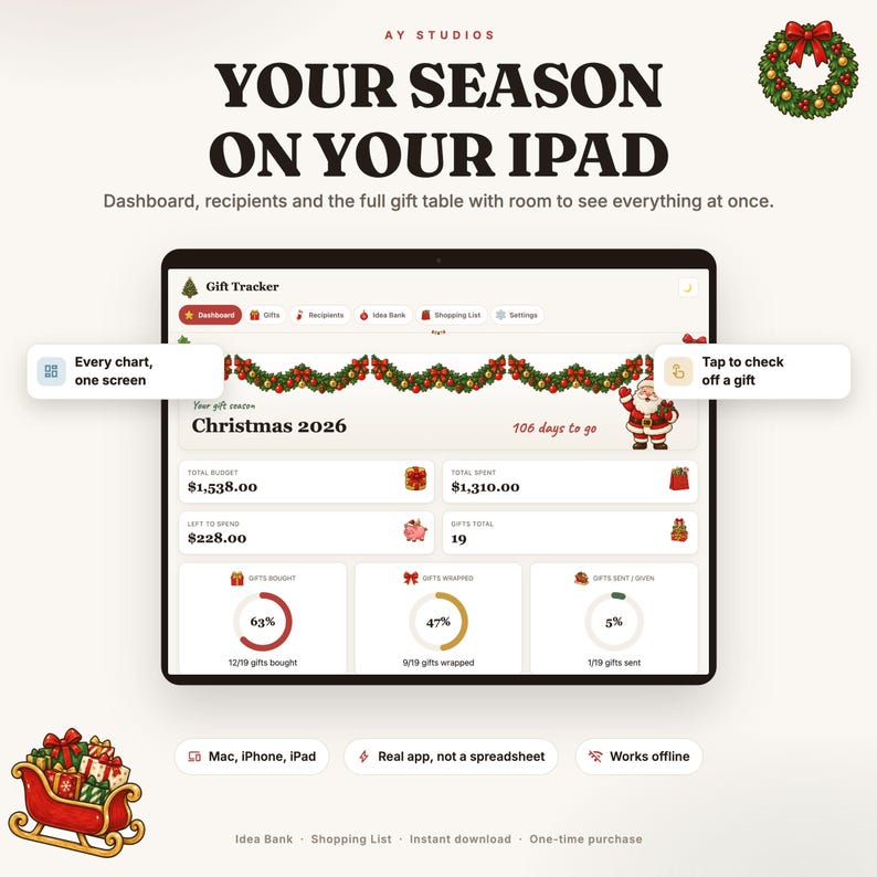 May include: A digital gift tracker app interface displayed on an iPad screen. The dashboard shows Christmas 2026, budget statistics, and progress charts for gifts bought, wrapped, and sent. Includes festive graphics like a wreath and Santa.